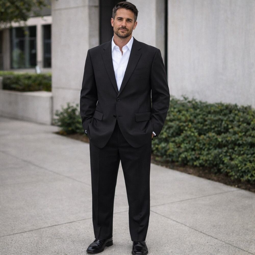 Giorgio Napoli Men's Black 2 Piece Suit Set 46L Jacket 40x29 Pants Classic Fit